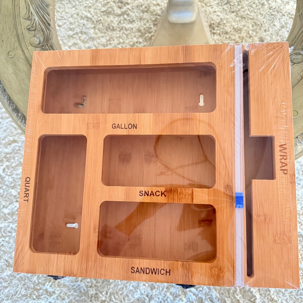 Bamboo Storage Bag Organizer Foil and Plastic Wrap Dispenser with Cutter New